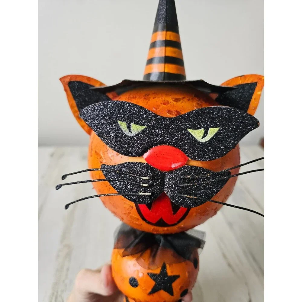Pier 1 cat pumpkin metal glitter Halloween prop unique‎ vintage black
